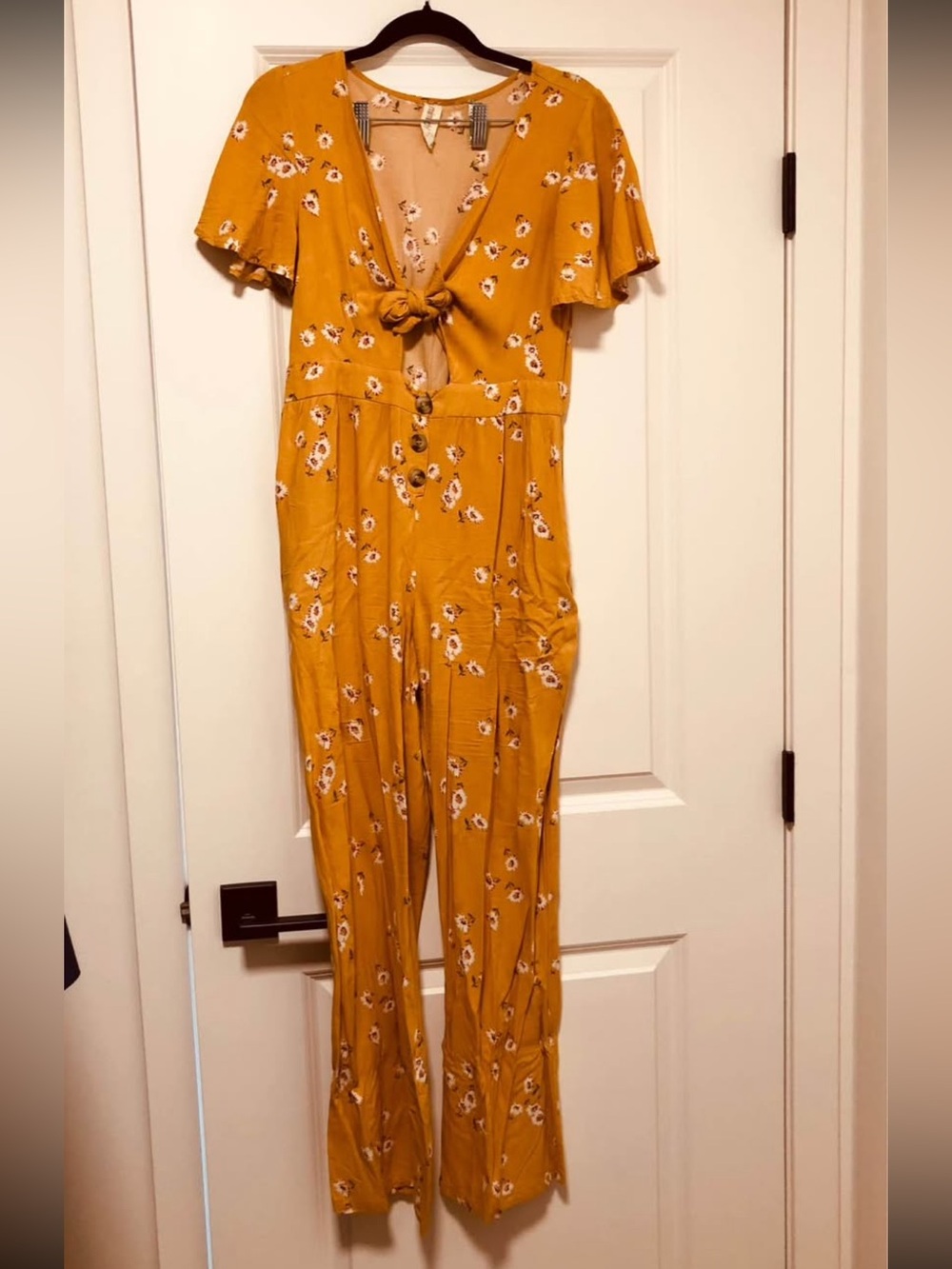 Mimi Chica Mustard Floral Tie-Front Jumpsuit